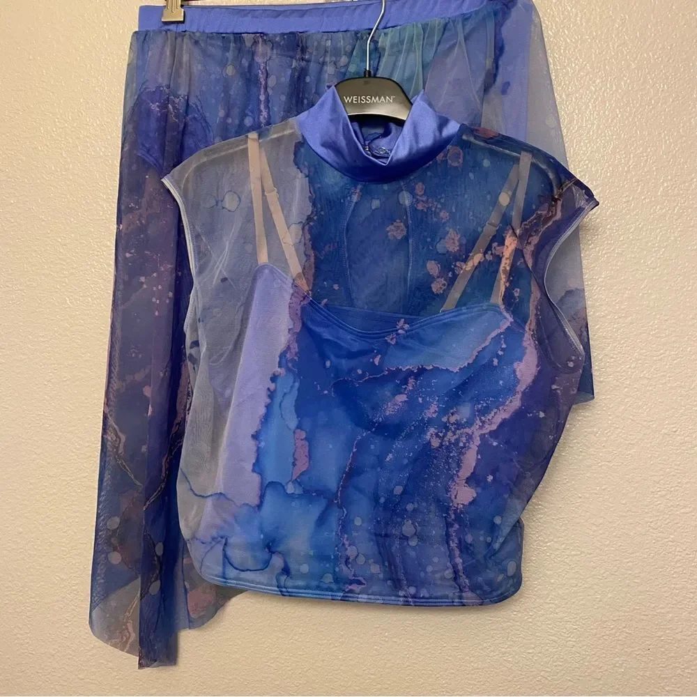 Weissman dance costume 2 piece lyrical mesh Blue watercolor 14113 MC child
